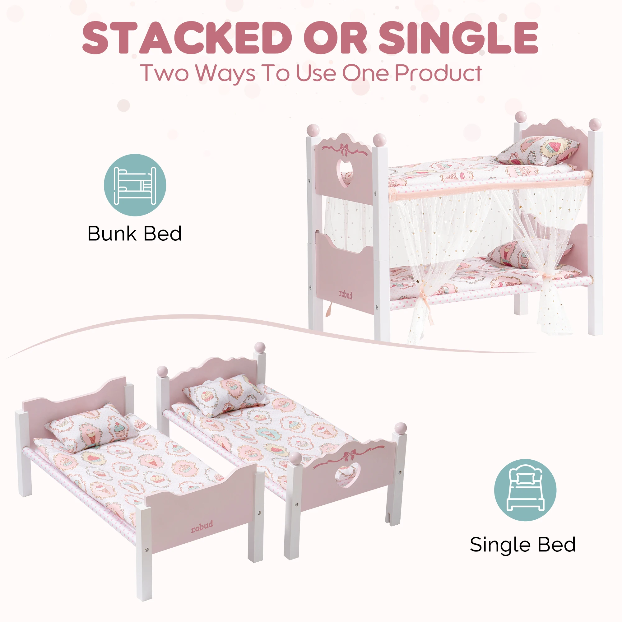 ROBUD Baby Doll Bunk Beds, Wooden Baby Doll Crib with Starry Curtain, Stackable Toy Crib for 18 Inch Dolls, Doll Bed Playset with Bedding Accessories, for Kids 3+ (Pink, 2 Pcs Beds)
