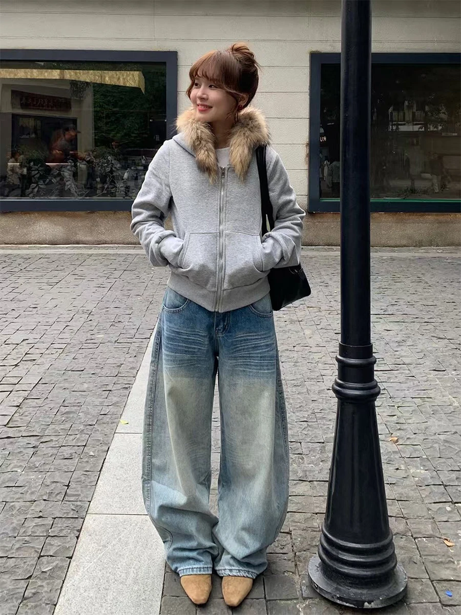 

Большие размеры, американские джинсы с низкой талией и ножом, женские осенне-зимние узкие прямые широкие брюки грушевого цвета