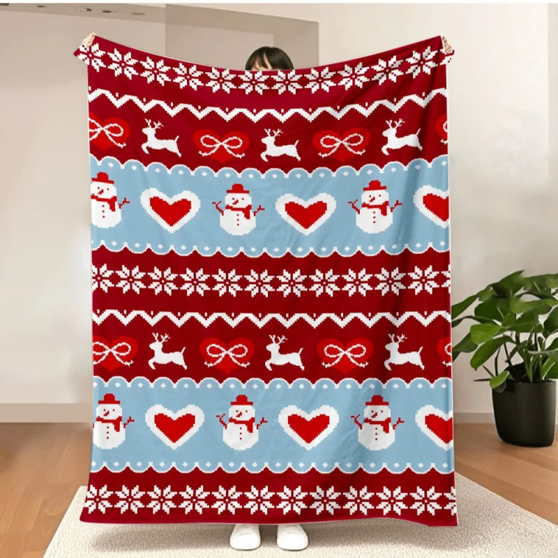 VIKAMA Multicolor Fair Isle Striped Snowmen Soft Throw Blanket, Fleece Cover for Couch Sofa Bed, Cozy Xmas Gift for Family