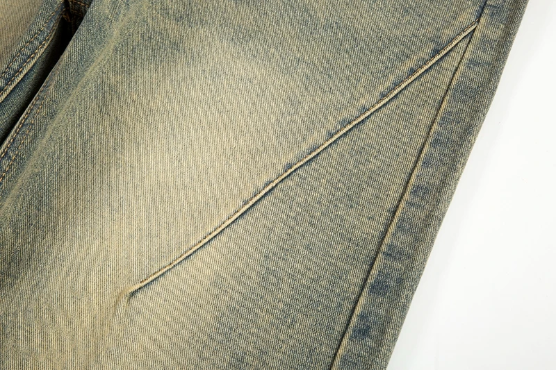 Vintage übergroße Split Deconstructed Herren breite Jeans Baggy Yellow Mud Dyed Washed Denim Jeans Cat Whisker Straight Denim Hose – Detail 19