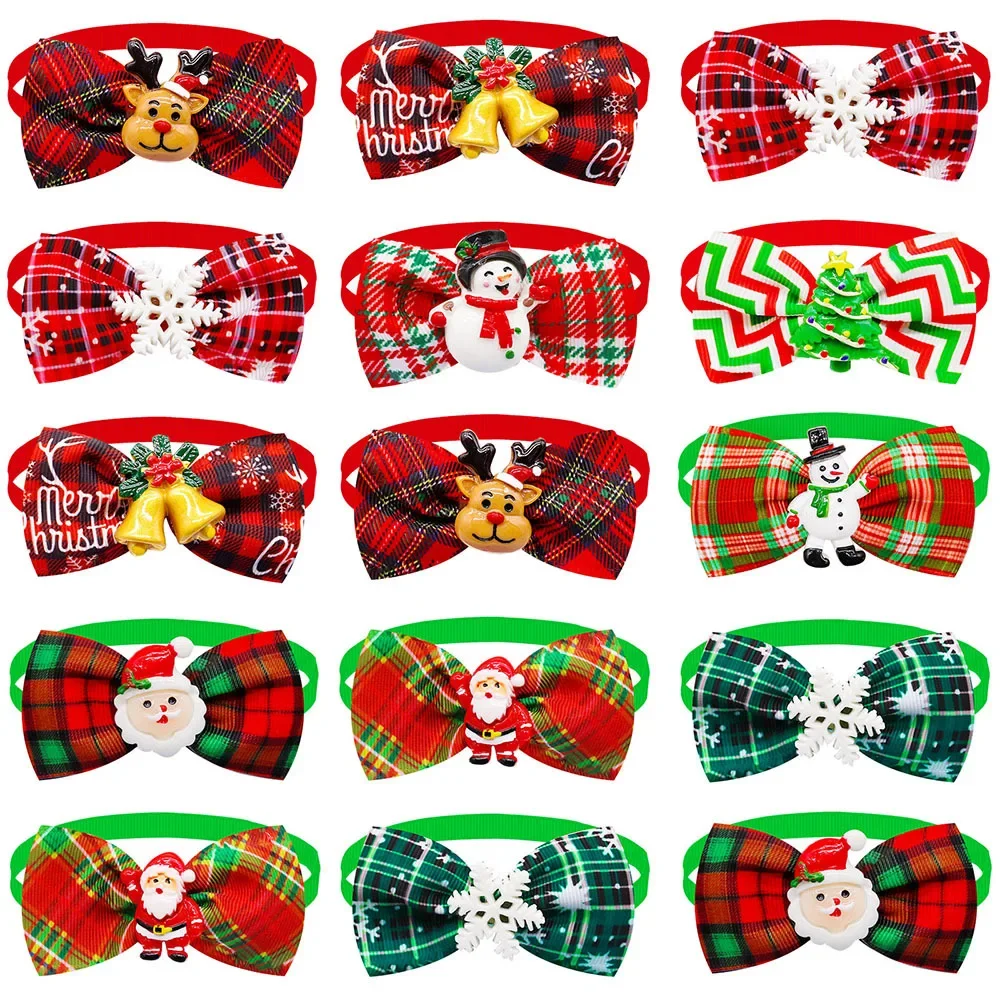 50pcs/lot Plaid Pattern Pet Christmas Bow Tie, Cat Small Dog Bowtie Adjustable Dog Collar  Accessories