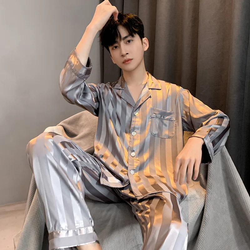 

Men's Pajama Summer Long-sleeved Ice Silk New High Quality Stain Sleepwear Suit Home Clothes Male Night Wear Pyjamas Gentlemen