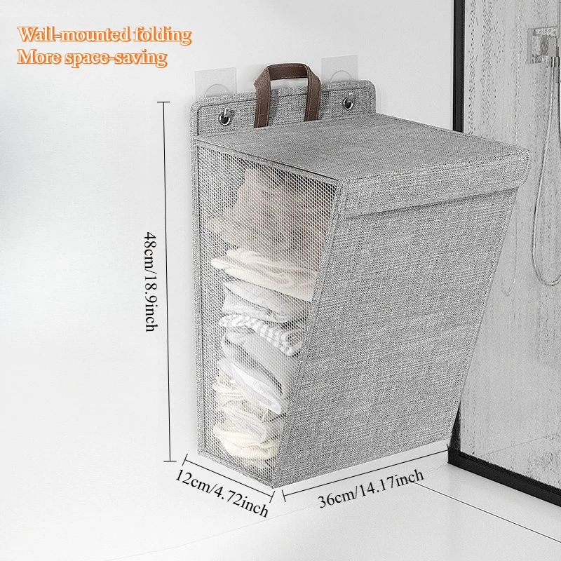 1pc Wall-Mounted Folding Laundry Basket with Lid, Oxford Cloth Space-Saving Storage Bin for Bathroom Bedroom Living Room - view 2