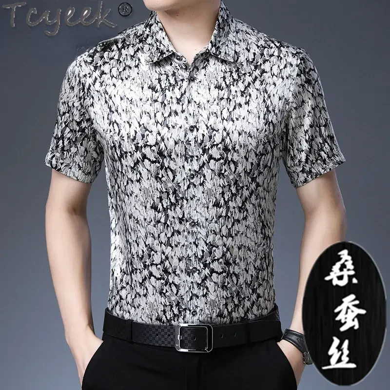 

Tcyeek 92% Mulberry Silk Shirt for Men Clothing Fashion Print Short Sleeve Top 2023 Summer Thin Mens Shirts Roupas Masculinas LM