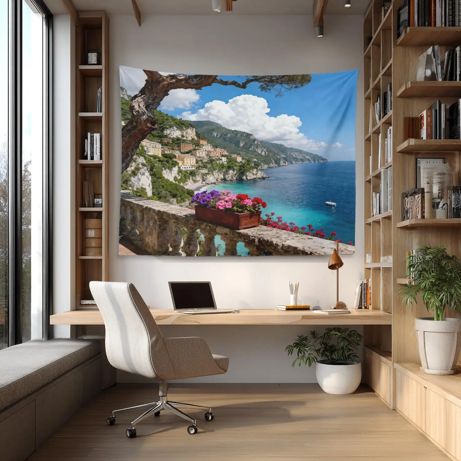 Mediterranean Coastal Landscape Tapestry Wall Hanging Decor Italian Villa Summer Ocean View Tapestry Curtain Gift for Bedroom Li