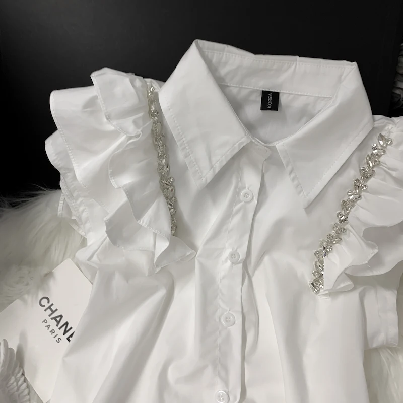 Summer Women Ruffles Flying Sleeve Short White Shirt New Korean OL Blouse Single-breasted Diamond Sleeveless Vest Top