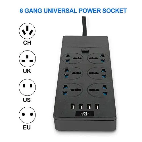 MAOZUA Universal Power Strip with 6 Oulets and 4 USB, 6.5ft Extension Cord 3000W Universal Power Strip for Office Home Dormitory