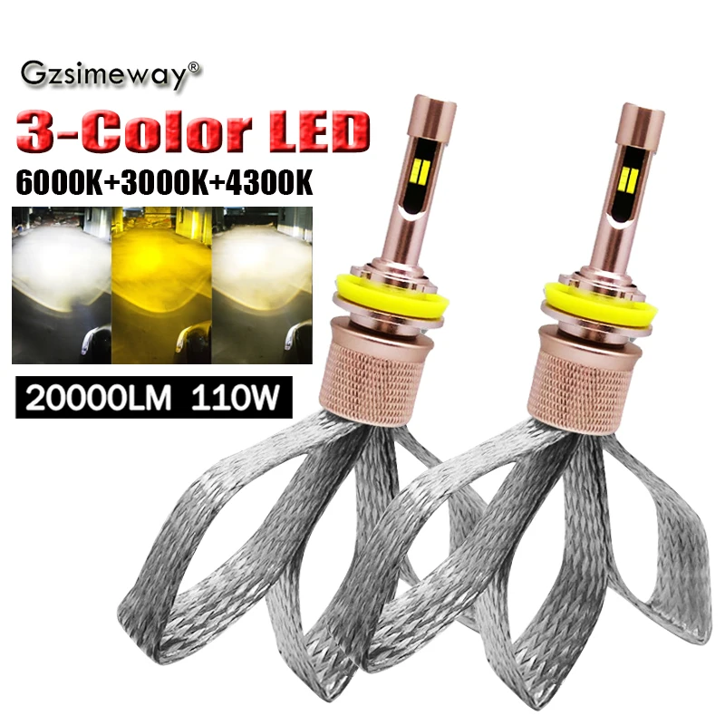 

2PCS Tricolor Car Light H8 H11 LED Bulb 20000LM H4 H7 9005 9006 9012 H1 H3 881 LED Headlight 6000K 3000K 4300K Auto Fog Lamp 12V