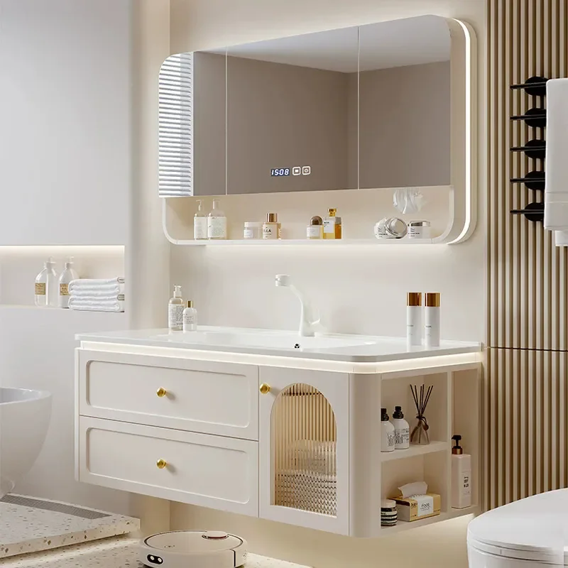 for Oak Paint Cream Skin Feeling Integrated Washbasin Bathroom Cabinet Combination Ceramic Sink Vanity Unit