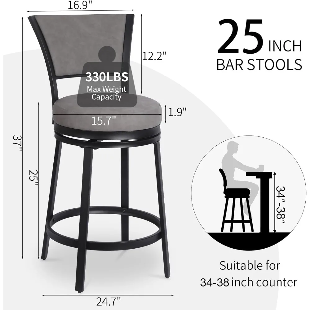 เก้าอี้บาร์, เก้าอี้บาร์ทรงสูงแบบโมเดิร์น ชุด 2 ตัว, เก้าอี้บาร์ทรงกลมหมุนได้ ขนาด 25 นิ้ว หุ้มหนังเทียม พร้อมพนักพิง, โครงโลหะหุ้มเบาะ