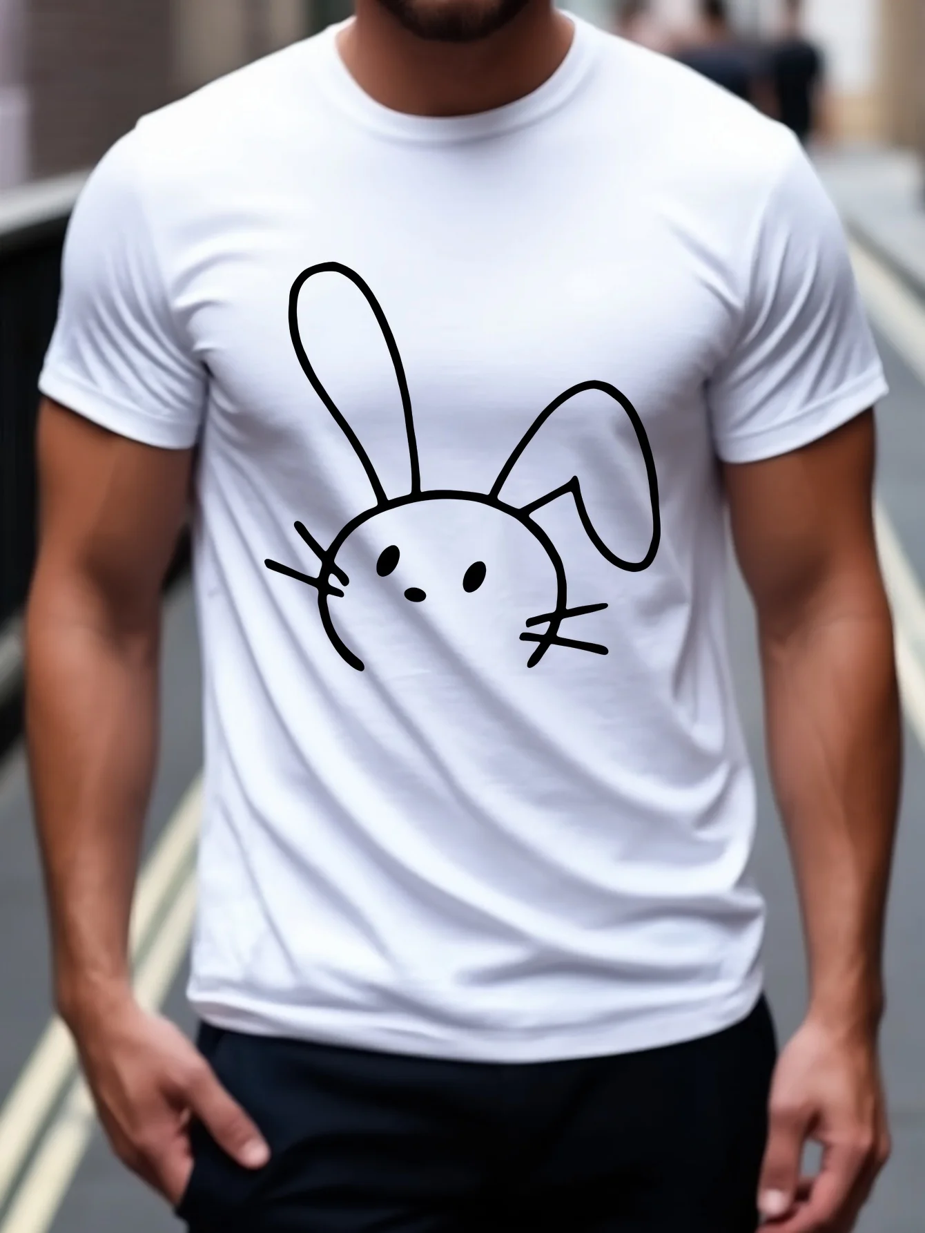 Men Cotton Tee Minimalist Bunny Line Graphic Short Sleeve Crew Neck Casual Street T Shirt For Animal Lovers Summer Daily Tops