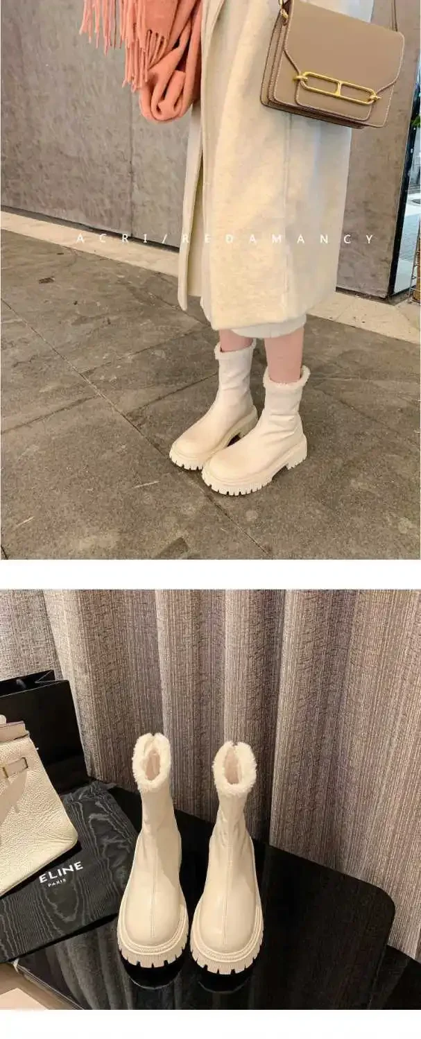 Größe 42 Herbst-Winter-Schneestiefel Warme Pelz-Damen-Stiefeletten Modische Elegante Schuhe mit Rückenreißverschlüssen Dicker Absatz Damen-Kurzstiefel – Detail 19