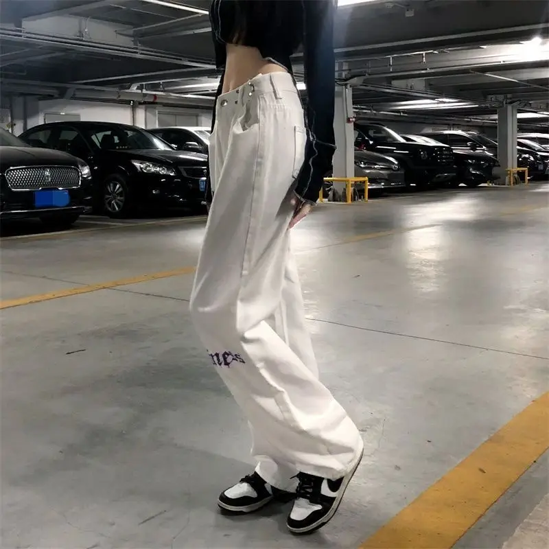 Calça jeans feminina de cintura alta com estampa feminina Harajuku, calça casual de perna larga larga, streetwear hip hop, branca, primavera, moda outono