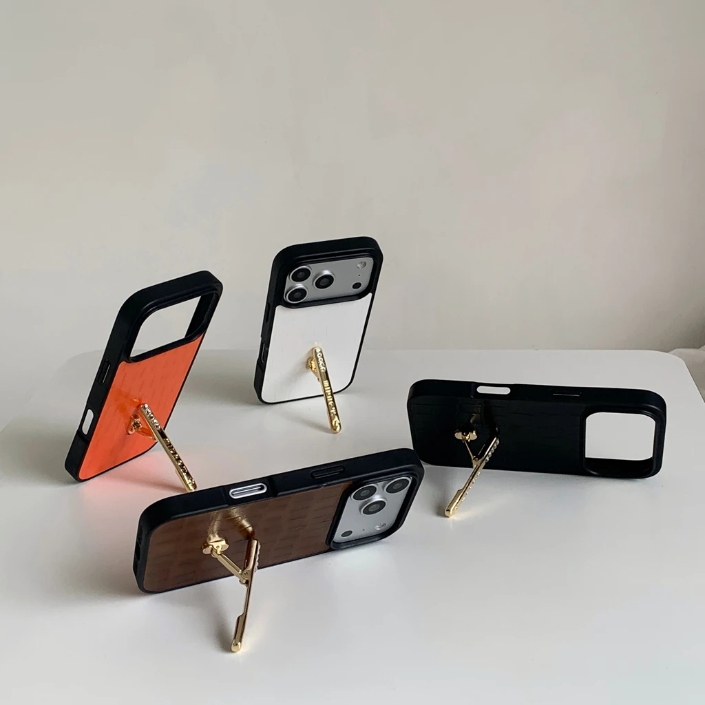 Minimalist High-end Crocodile Pattern Faux Leather With Metal Stand Shock Proof Phone Cover Case for iPhone 17 16 15 14 Pro Max