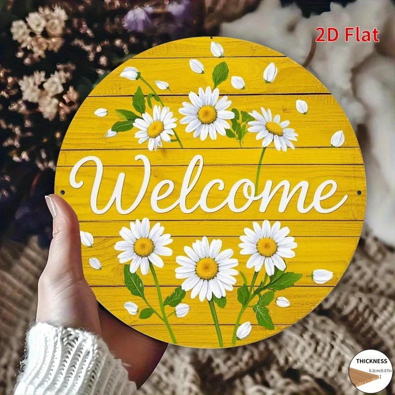 2D Flat - A 2D Wooden Printed Piece[1pc]Circular Wooden Sign - Spring Daisy Wreath Welcome Wall Art, Rustic Home Decor, Suitable