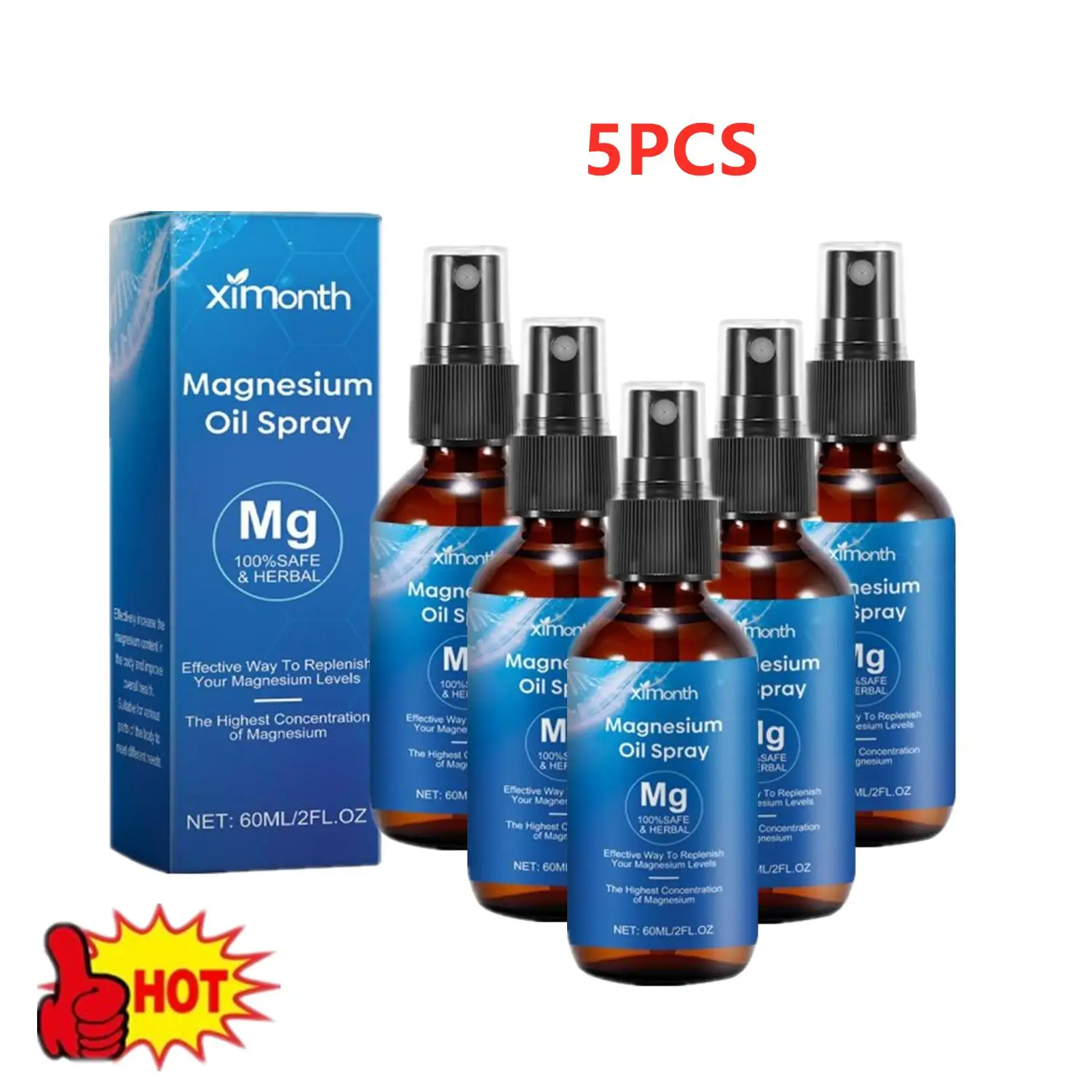 5PCS 60ml 100% Pure Magnesium Oil Spray Non-GMO Relieve Muscle Body Pain Smoothes&Softens Skin For Better Sleep Quality