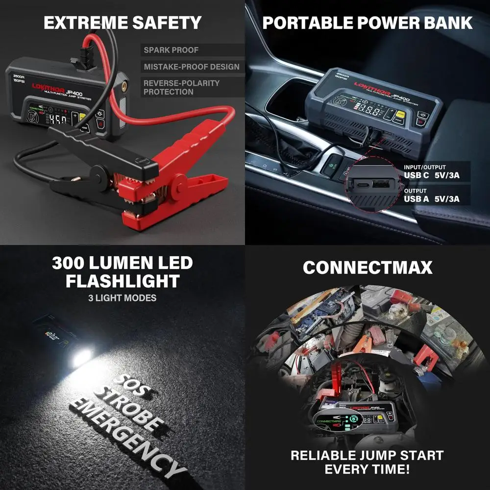 

Стартер JP400 с воздушным компрессором, перемычка с аккумулятором 2500 А, 12 В, портативный стартер (8,5 л, газ/6,5 л, дизель) с накачкой шин 150PSI