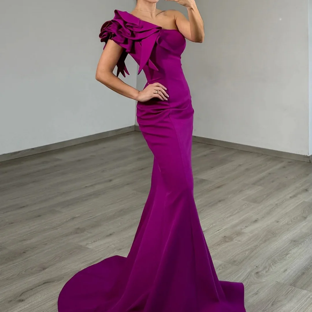 Bella personalizado fucsia un hombro decoración de lazo batas de satén de velada cola de sirena vestido largo elegante vestidos de fiesta con estilo