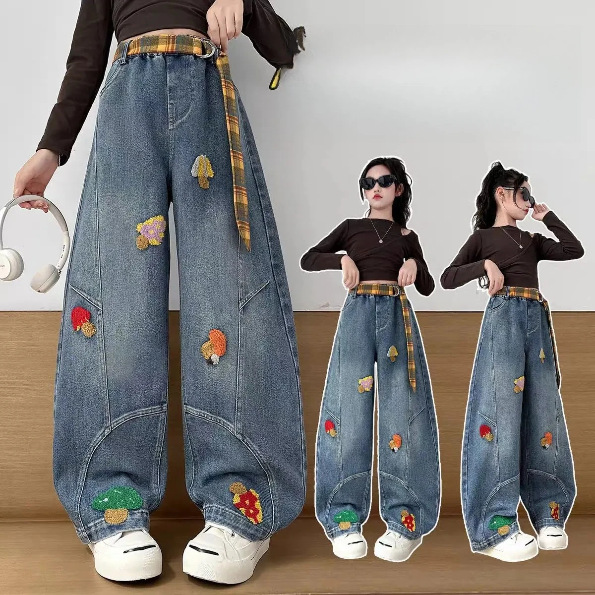 Girls Denim Pants with Towel Embroidery Flowers – Curved Banana Leg Jeans for Big Kids, Fashion Casual Trousers
