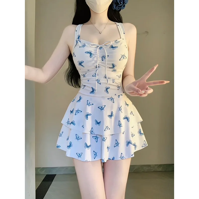 Women's Butterfly Print One-piece Swimsuit with Drawstring Front Lace Up Exposed Navel Swimsuit Layered Pleated Skirt Swimsuit