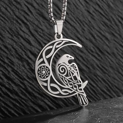 Stainless Steel Celtic Knot Crescent Amulet Necklace for Men Women Nordic Odin Raven Pendant Jewelry Gift