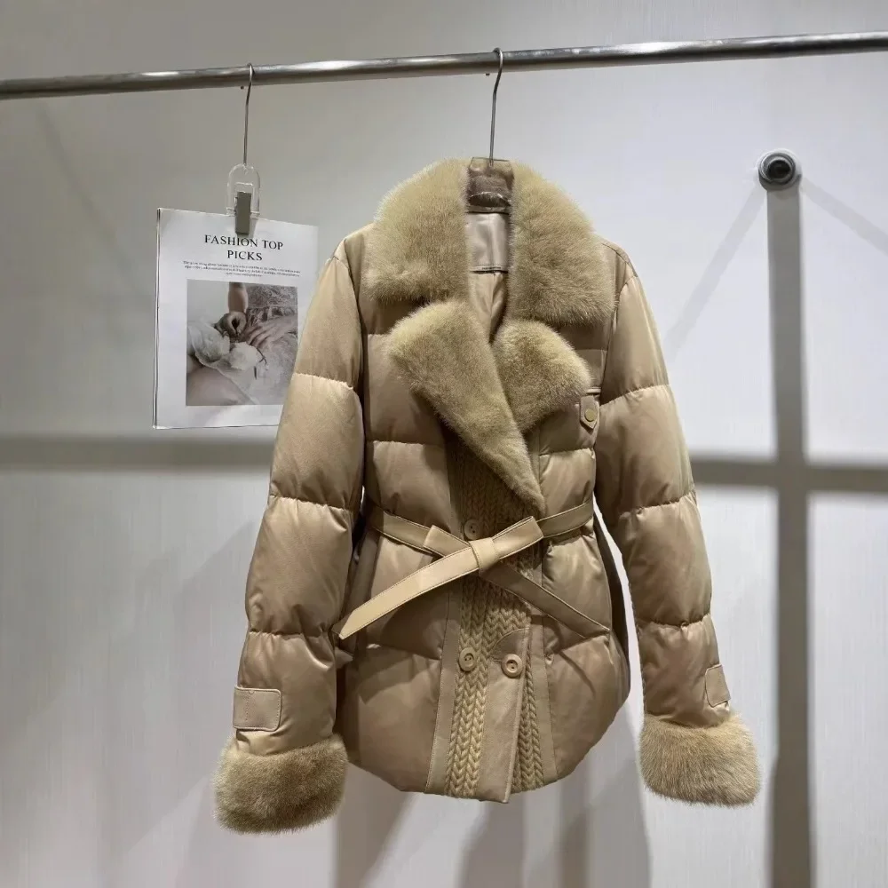 MENINA 2025 automne hiver épaissi chaud haut de gamme mûrier soie blanc doudoune d'oie femmes court vison fourrure col manteau de fourrure