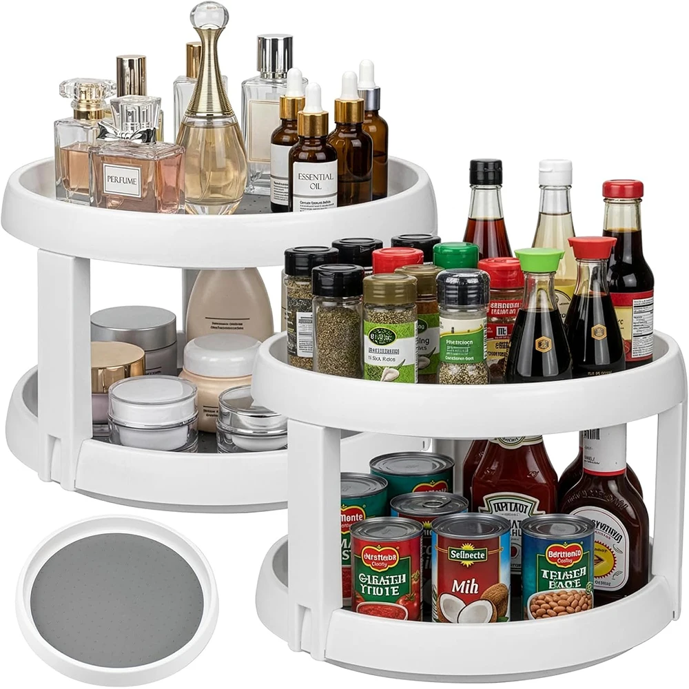LMETJMA 2 Tier Lazy Susan Organizer Non Skid Spice Rack Turntable 360 Degree Rotating Seasoning Organizer For Pantry Cabinet