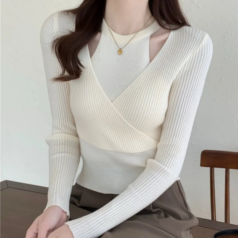 

Early Autumn Sweater women's Korean-style slim fit slimming false two-piece sexy base shirt inner outer wear French top