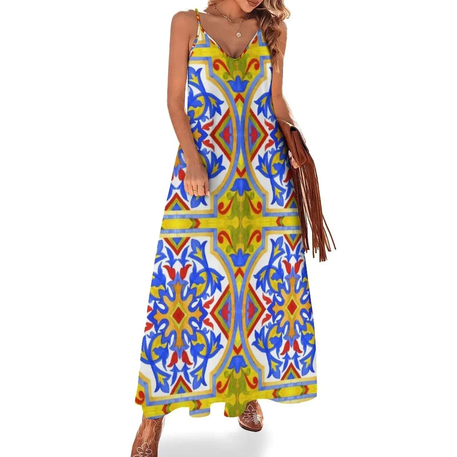 Portuguese azulejo tiles. Sleeveless Dress Dress vintage Woman fashion dress summer 2025 women