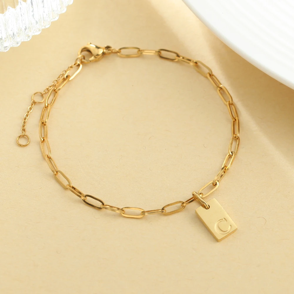 10PCS A-Z 26 Square Corrosion Letter  Golden Stainless Steel Cross Chain Bracelet Fashion Simple Style Women's Jewelry Wholesale