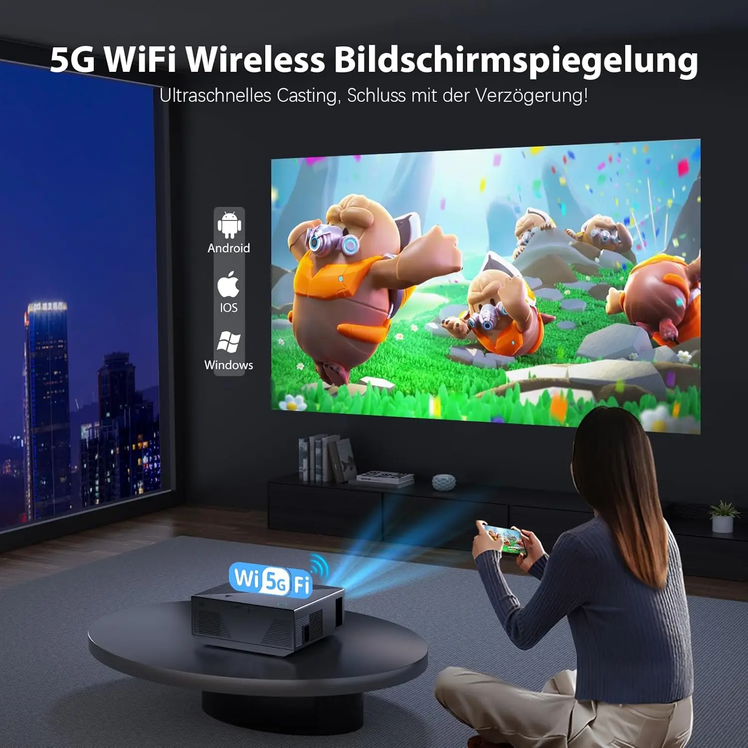 Full HD 1080P Heimkinoprojektor, 200" Projekingsgrö oder,tragbarer Proiettore hin dra premisen/drinnen, Kompatibel Android, iOS, HDMI, USB