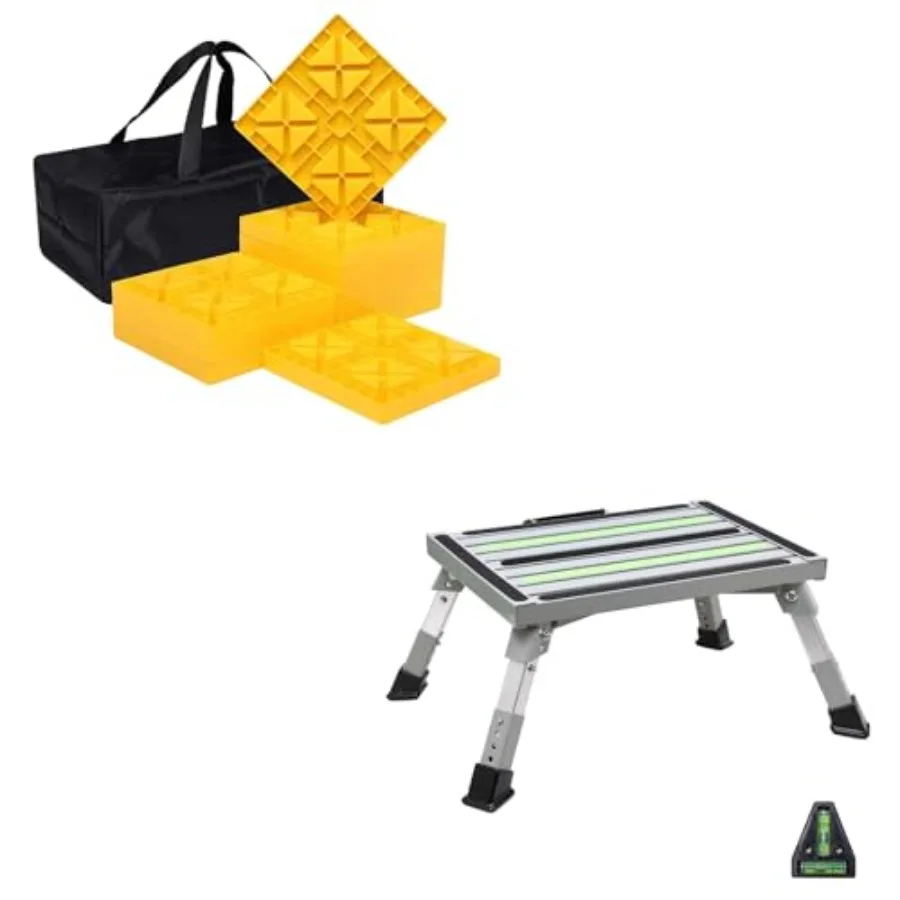 Safety RV Steps and Camper Leveling Blocks for outdoor camping use, made of durable black polypropylene, featuring non-slip tex