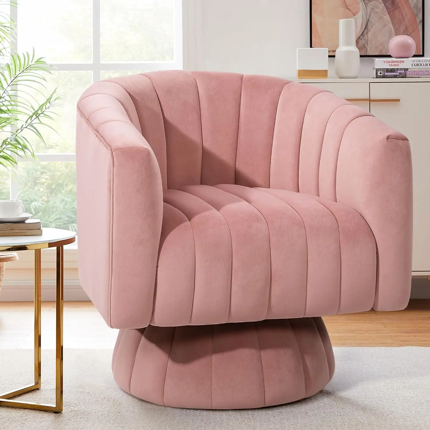 Modern 360° Swivel Barrel Accent Chair, Living Room Bedroom Lounge, Light Pink, Customized