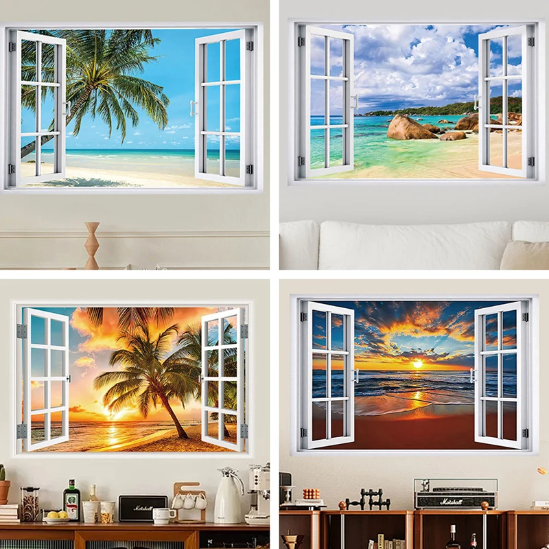 

4pcs Seaside Scenery False Window Wall Stickers for Living Room Porch Bedroom Can Remove Pvc Self-adhesive Wall Sticker Art Deco