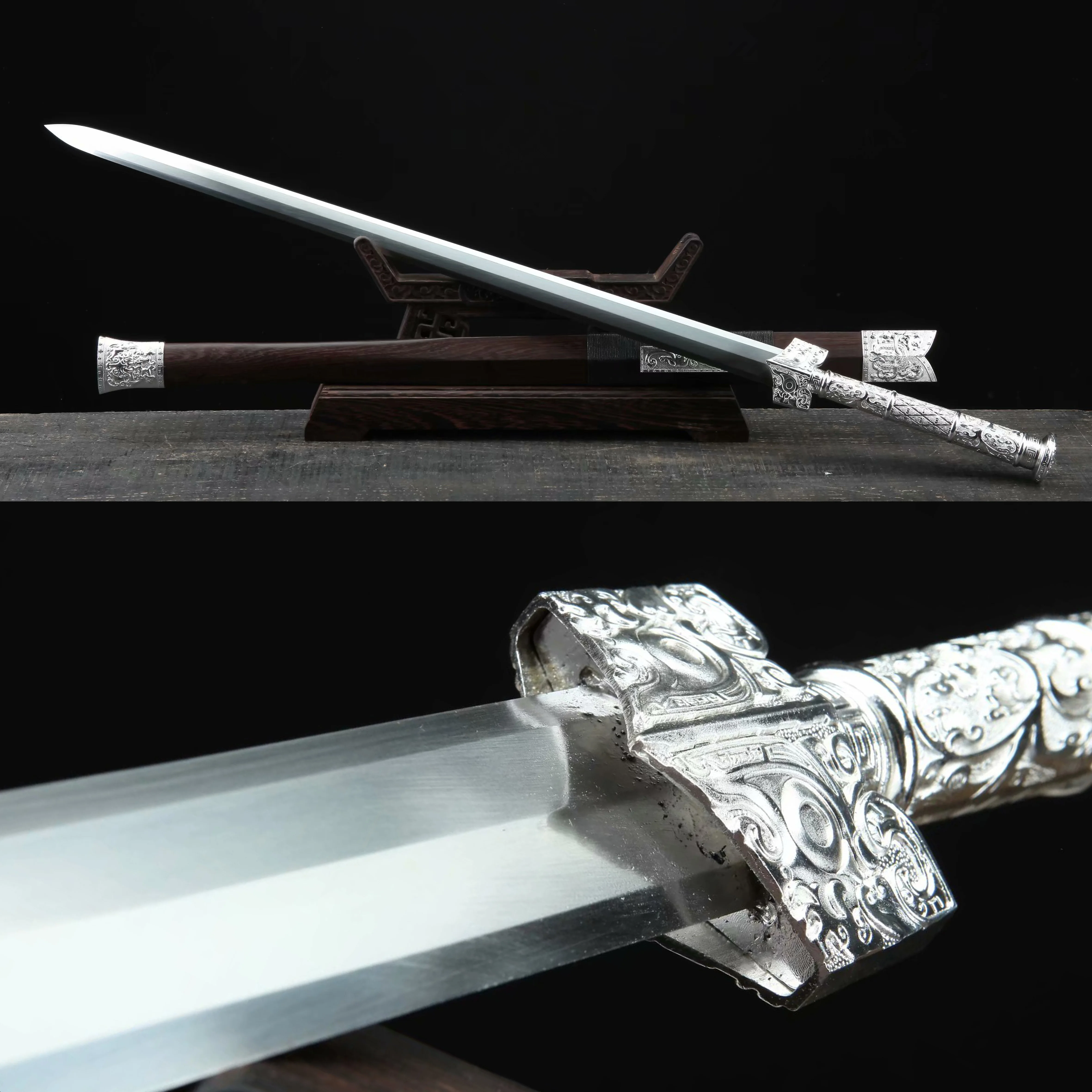 Cosplay of a silver Chinese sword from the Middle Ages with sharp blade Katana, carbon steel Samurai Sword, battle-ready, ninja