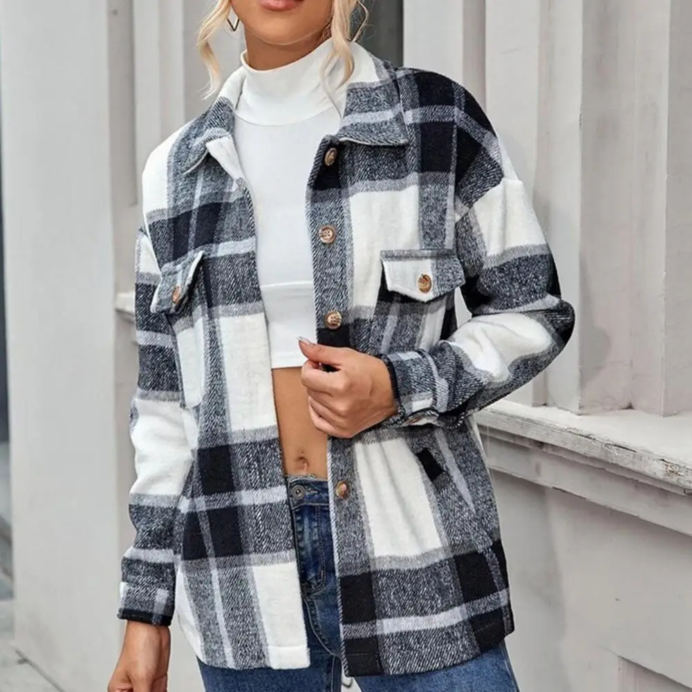 Stylish Casual Coat Ultra Soft Warm Skin-Touch Plaid Print Buttons Down Shirt Jacket