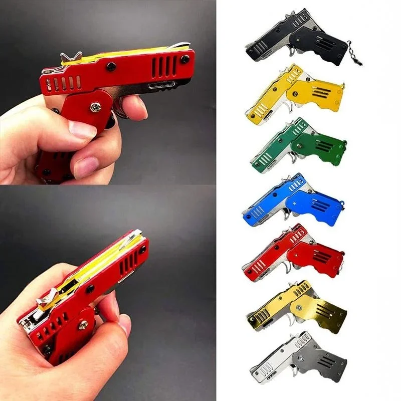 

Rubber Band Gun Toy Mini Metal Folding Keychains with 100 Pcs Rubber Band