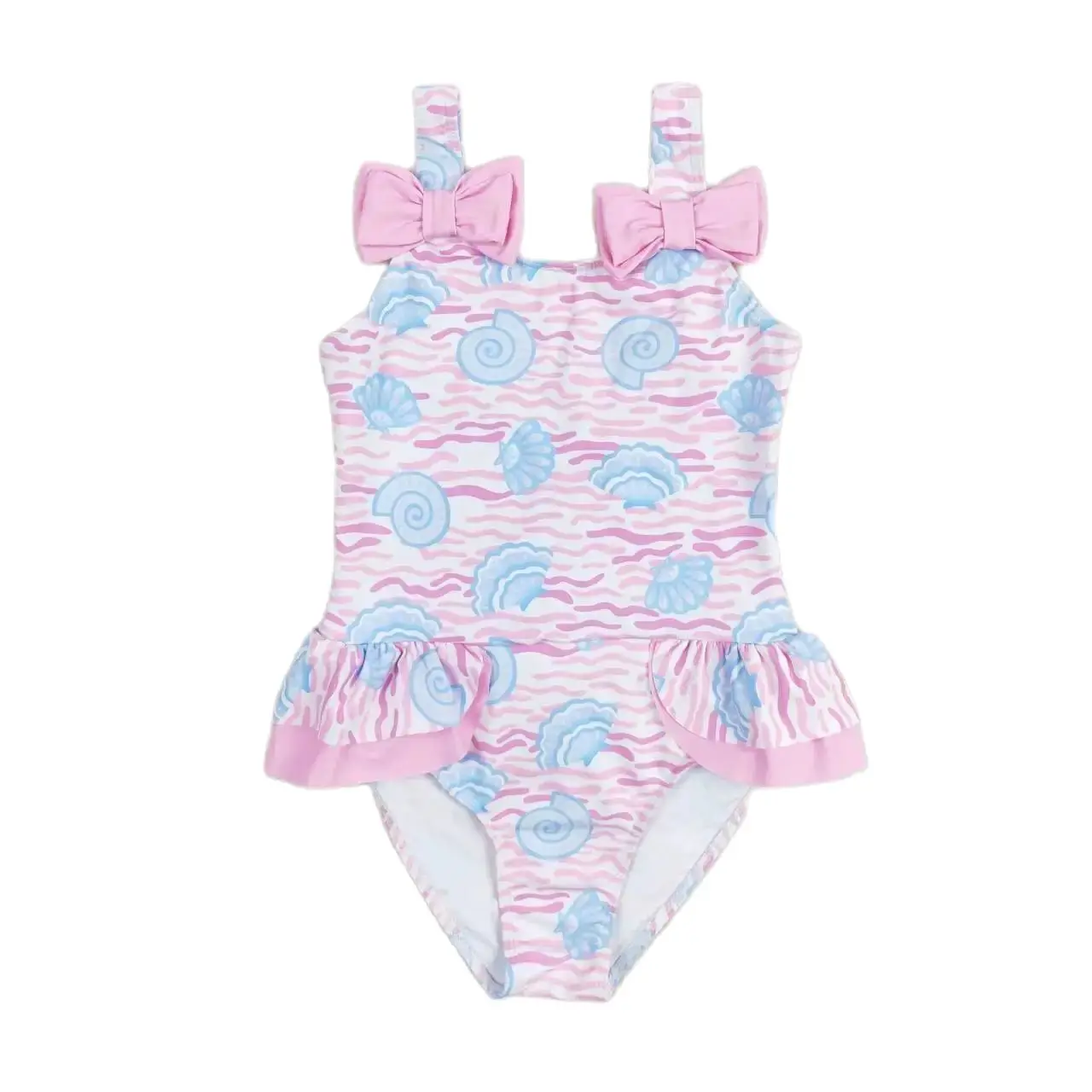 

S0274 Fashionable Kids Clothes Girl Shell Wave Pink Bow Print With One-Piece Swimsuit Children Clothes