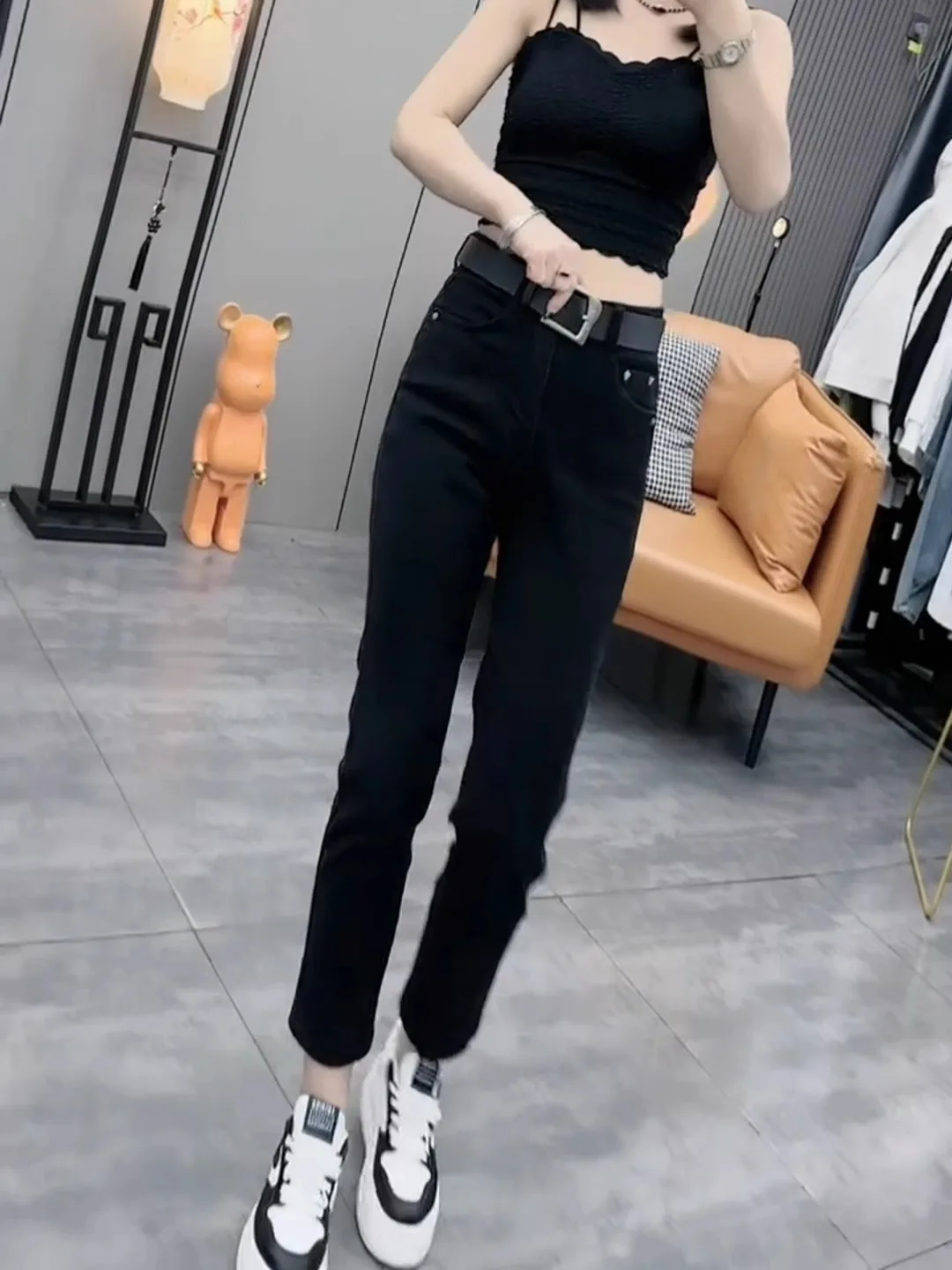 High Waist Fleece Lined Black Slim Fit Jeans Women's 8-9 Split Small Size 150cm Straight Leg Jeans Casual Cotton Stretch Denim