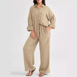 Women's Spring and Autumn New Fashion Cotton and Linen Loose Two-piece Set Casual Shirt + Drawstring Wide-leg Pants Suit Y2k