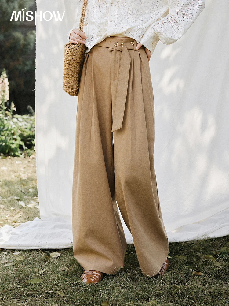 

MISHOW Women's High Waist Wide Leg Pants 2026 Spring Pleated Detail Belted Waist Pants Casual Loose Khaki Trousers MXF108K1011