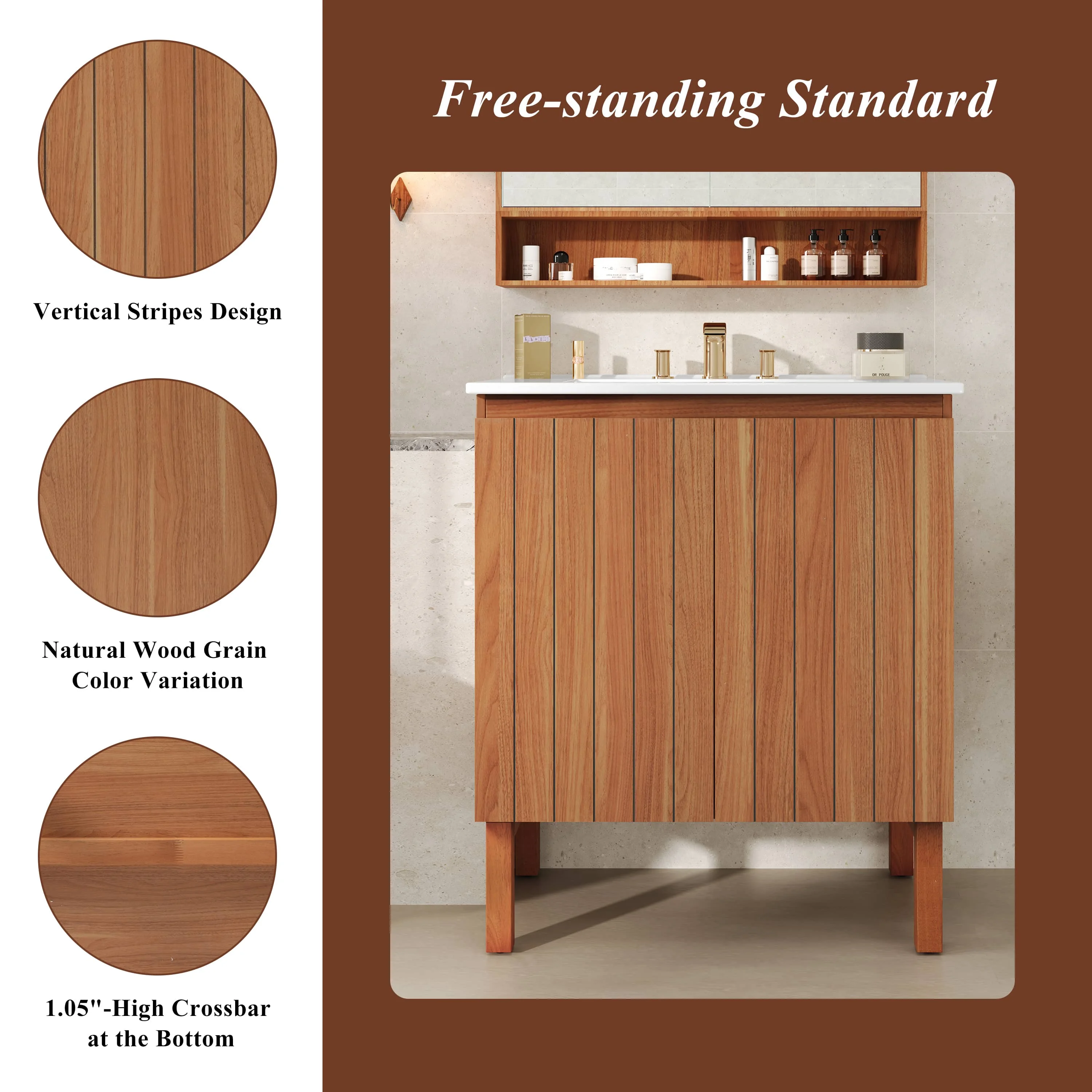 SH.KL 30-дюймовый туалетный столик для ванной комнаты с керамической раковиной, винтажный минималистский стиль, двери со свободной ручкой 45 градусов, мебель для ванной комнаты, туалетные столики