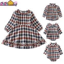 Brother And Sister Matching Girls Princess Dress Clothes Set Casual Plaid Long Sleeve Boys Shirt Baby Romper Children Outfit