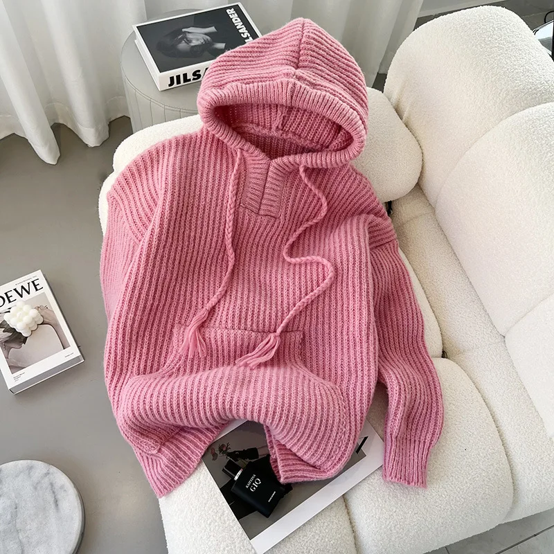 

Mid-length Thickened Pullover Sweater for Women's Autumn Winter 2023 New Korean Vintage Hooded Sweaters Casual Loose Knitted Top