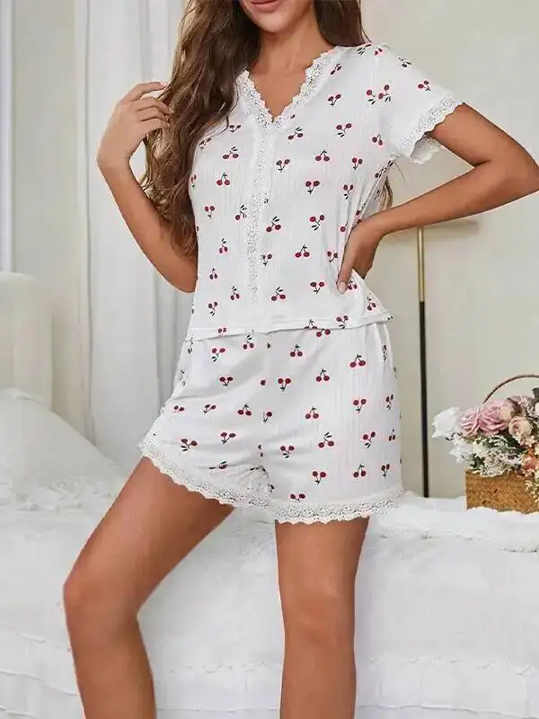純粋な欲望スタイルの女性のパジャマ秋夏セクシーな V ネックレースチェリープリント Tシャツスリムフィット半袖ショーツセット G4J7