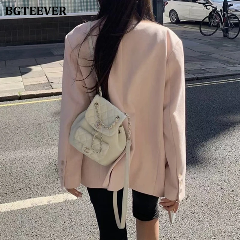 BGTEEVER Stylish Notched Collar Long Sleeve Female Suit Jackets Loose Pockets Women Blazer Spring Autumn