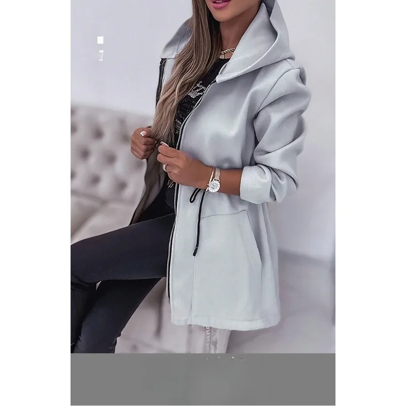 Fall/Winter 2025 Solid Color Drawstring Zipper Pocket Women's Casual Spring Fall Hooded Jacket