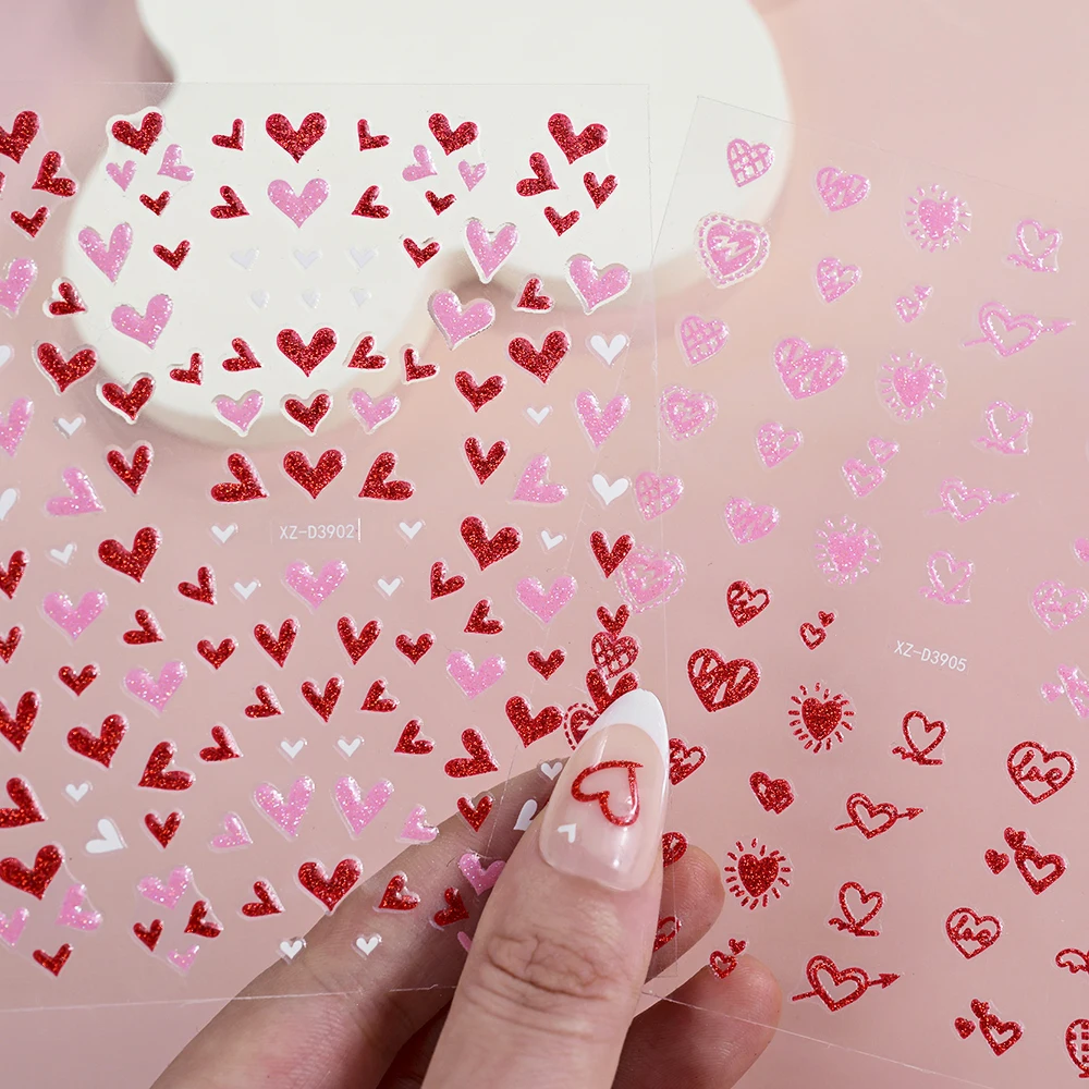 5D rood roze liefde hart nail art stickers glanzende glitter hart Valentijnsdag manicure stickers zelfklevende sliders nagelsticker