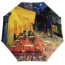 Vincent Van Gogh 3 Fold Auto Umbrella Cafe Terrace at Night Ligthweight Umbrella Sun and Rain Black Coat Umbrellas for Men Women