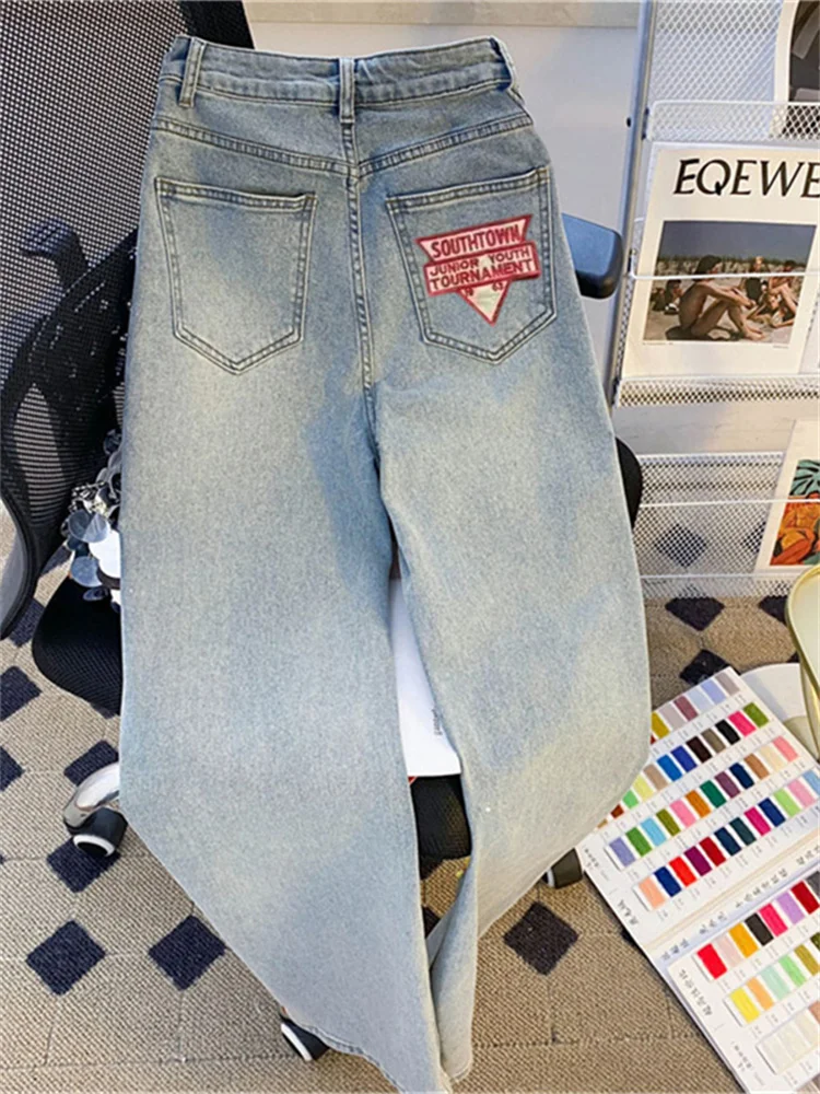 アメリカンレトロ ライトブルー ミエイプリント カジュアルジーンズ ルーズフィット ハイウエスト ロングパンツ 夏用 高級感 多用途